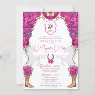 Hot Pink Magenta Floral Western Charro Quinceañera Invitation