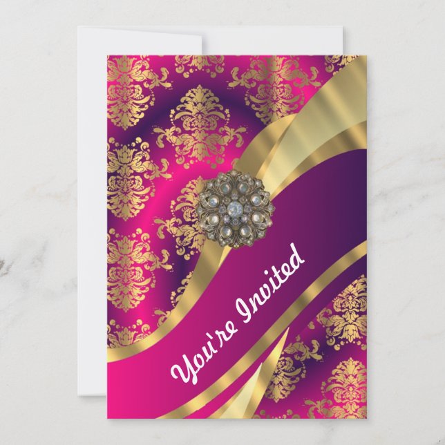 Hot pink Magenta & gold damask Invitation (Front)