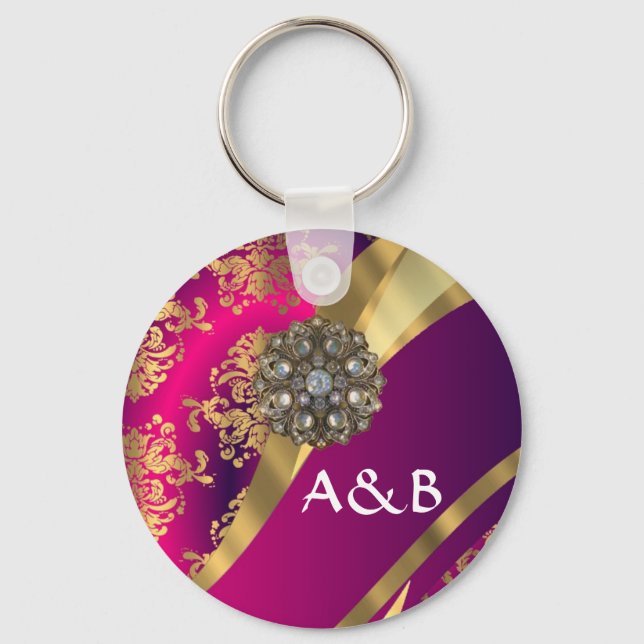 Hot pink Magenta & gold damask Key Ring (Front)
