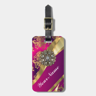 Hot pink Magenta & gold damask Luggage Tag