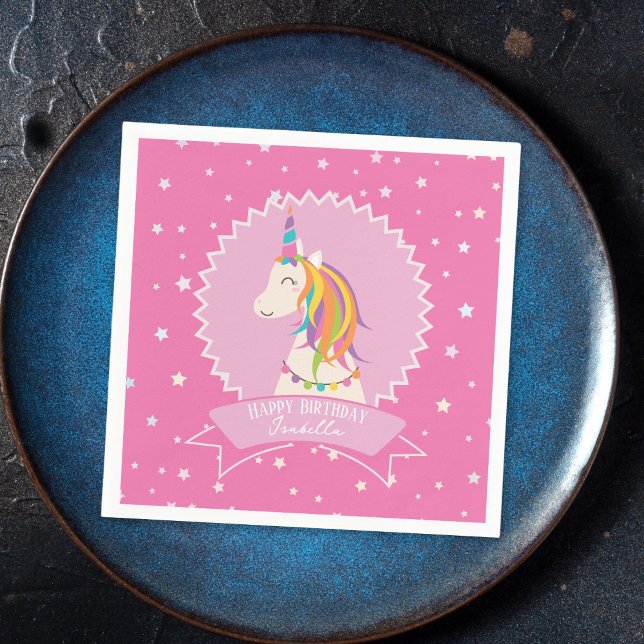 Hot Pink Magical Rainbow Unicorn Girl Birthday Napkin (Creator Uploaded)