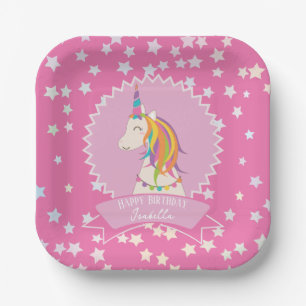Hot Pink Magical Rainbow Unicorn Girl Birthday Paper Plate