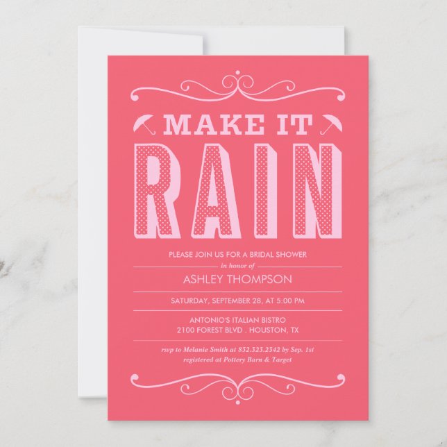 Hot Pink Make it Rain Bridal Shower Invitations (Front)