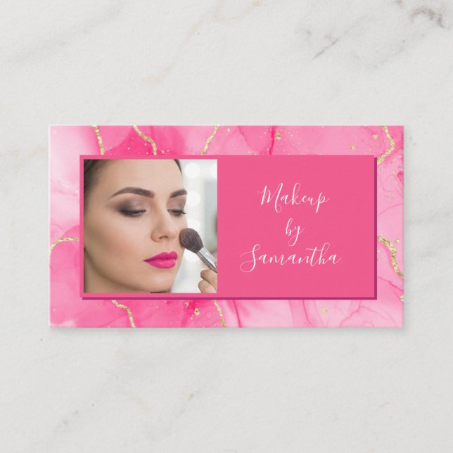 Hot Pink Marble Script Photo Makeup  Business Card (Front)