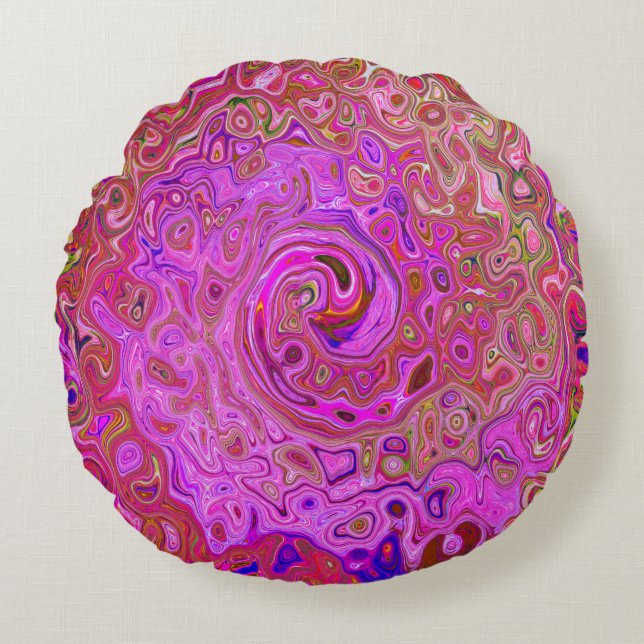 Hot Pink Marbled Colours Abstract Retro Swirl Round Cushion (Front)