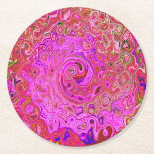 Hot Pink Marbled Colours Abstract Retro Swirl Round Paper Coaster