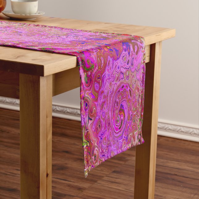 Hot Pink Marbled Colours Abstract Retro Swirl Short Table Runner (In Situ)