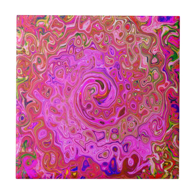 Hot Pink Marbled Colours Abstract Retro Swirl Tile (Front)