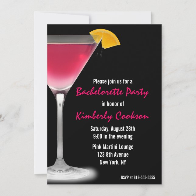 Hot Pink Martini Bachelorette Party Invitation (Front)