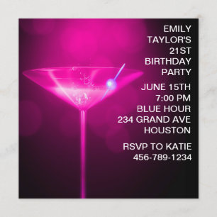 Hot Pink Martini Womans Hot Pink 21st Birthday Invitation
