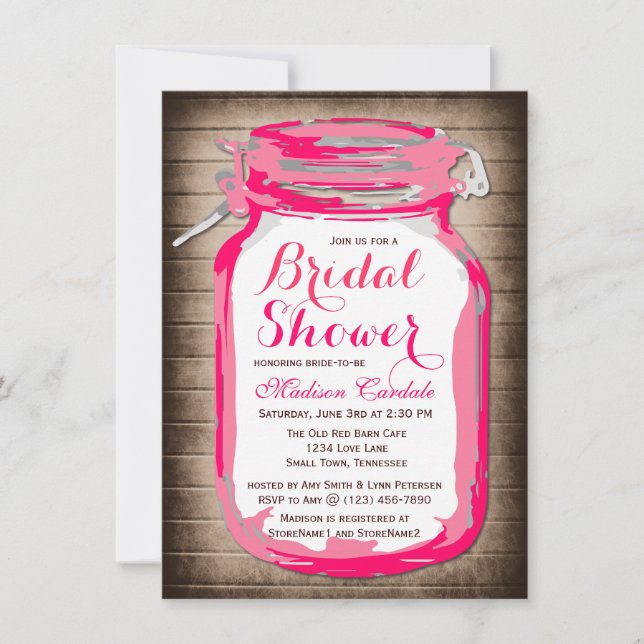 Hot Pink Mason Jar Bridal Shower Invitations (Front)