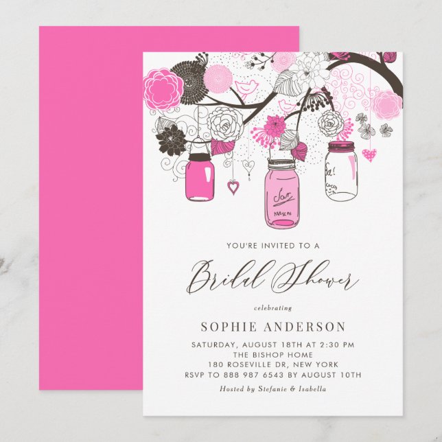 Hot Pink Mason Jars Bridal Shower Invitation (Front/Back)