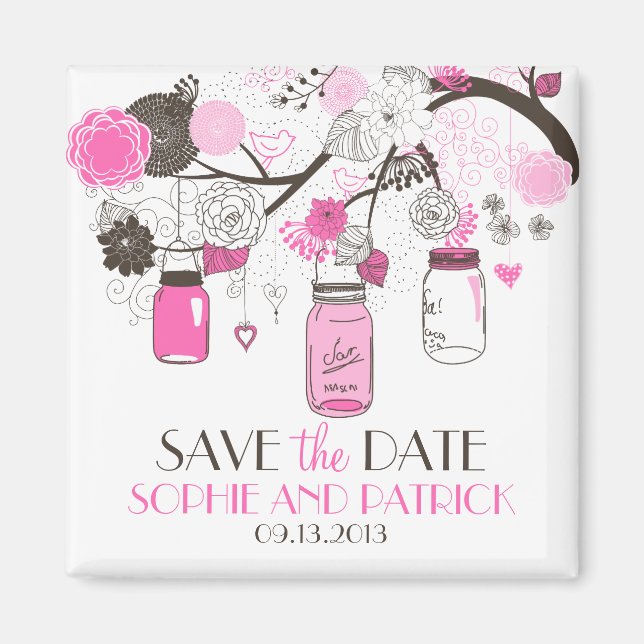 Hot Pink Mason Jars & Flowers Save the Date Magnet (Front)