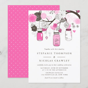 Hot Pink Mason Jars & Flowers Wedding Invitation