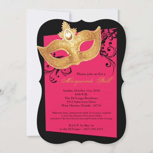 Hot Pink Masquerade Ball Mask Costume Halloween Invitation (Front)
