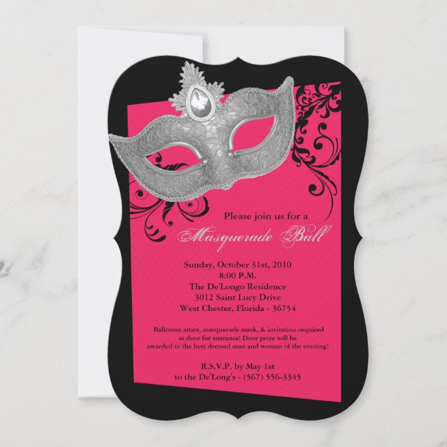 Hot Pink Masquerade Ball Mask Costume Halloween Invitation (Front)