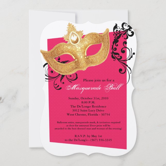 Hot Pink Masquerade Ball Mask Costume Halloween Invitation (Front)