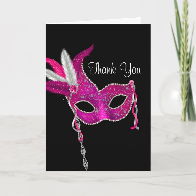 Hot Pink Masquerade Party Mask Thank You Cards (Front)