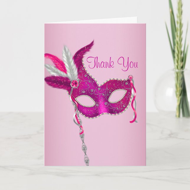 Hot Pink Masquerade Party Mask Thank You Cards (Front)