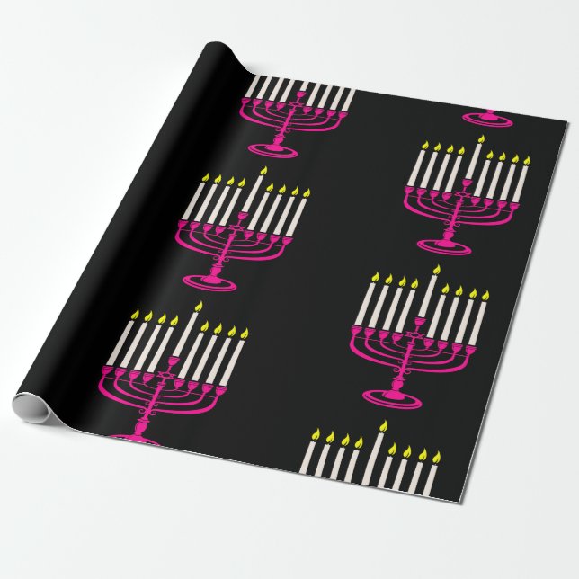 hot pink menorah hanukkah purim wrapping paper (Unrolled)