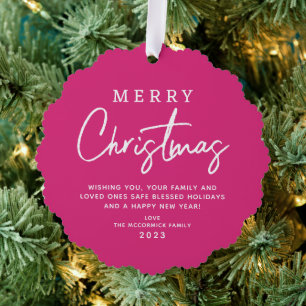 Hot Pink Merry Christmas Script Typography Custom Tree Decoration Card