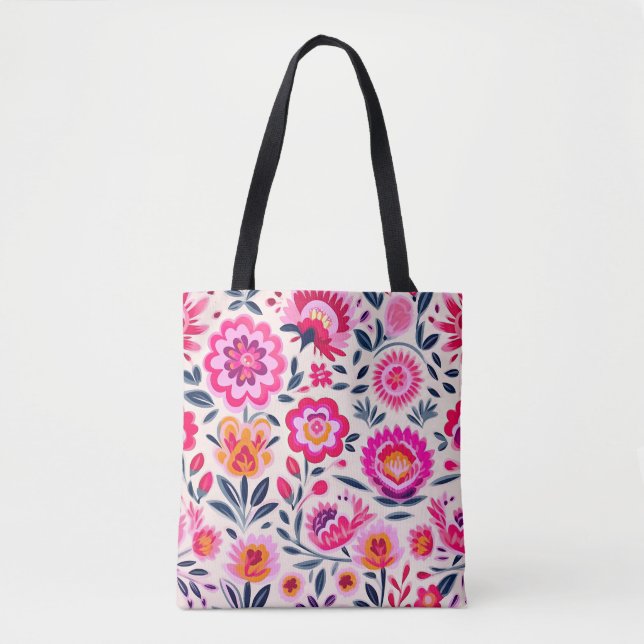 Hot Pink Mexican Flowers Floral Pattern Chic Tote Bag (Front)