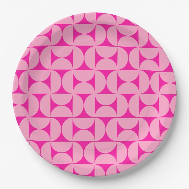 Hot Pink Mid Century Modern Pattern Paper Plate (Front)