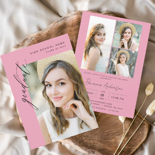 Hot Pink Minimalist Photo Graduation Party Invitation