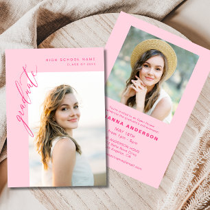 Hot Pink Minimalist Photo Graduation Party Invitation