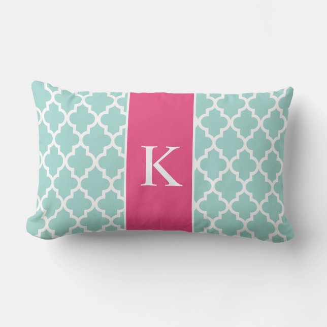 Hot Pink Mint Green Moroccan Custom Monogram Lumbar Cushion (Front)