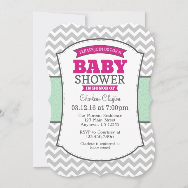Hot Pink Mint Grey Chevron Baby Shower Invitation (Front)