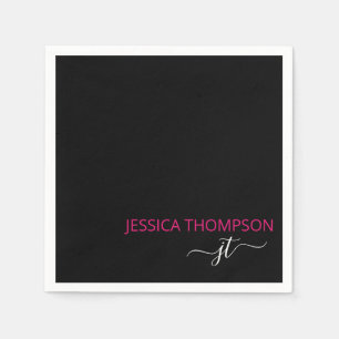 Hot Pink Modern Black Simple Script Monogram Name Napkin