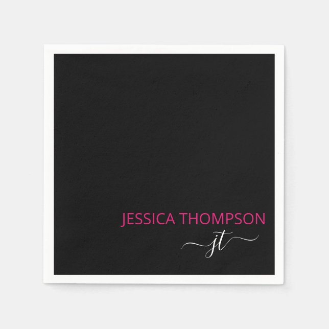Hot Pink Modern Black Simple Script Monogram Name Napkin (Front)