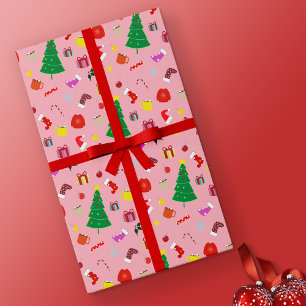 Hot Pink Modern Christmas Tree and Stuff  Wrapping Paper
