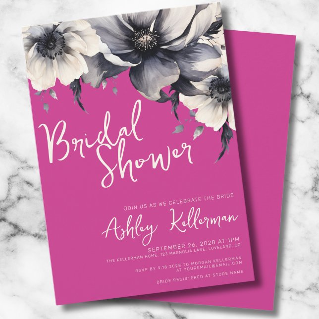 Hot Pink Modern Floral Bridal Shower Invitation (Magenta Pink Girly Elegant Floral Bridal Shower Invitation)