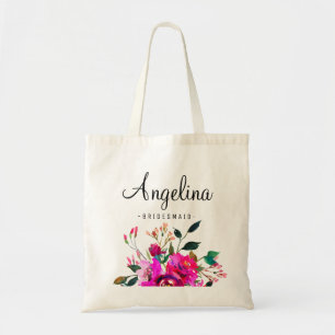 Hot Pink Modern Floral Bridesmaid Personalised Tote Bag