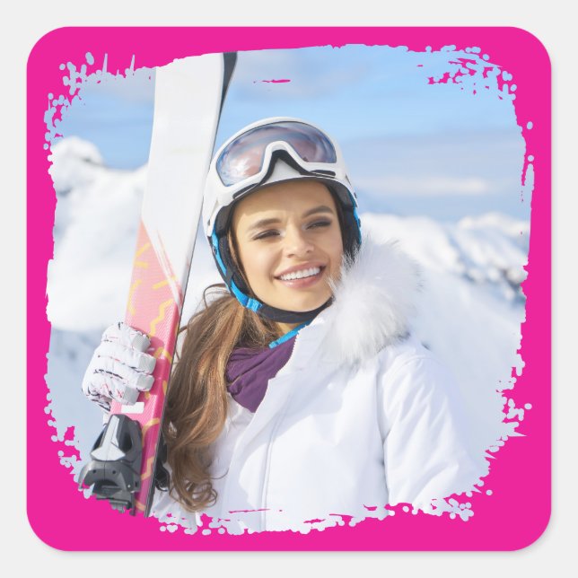 Hot Pink Modern Grunge Border Photo Square Sticker (Front)