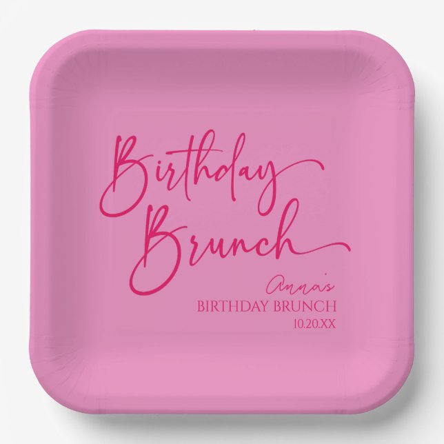 Hot Pink Modern Minimalist Birthday Brunch Party Paper Plate (Front)
