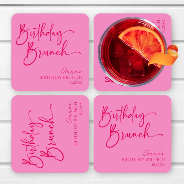 Hot Pink Modern Minimalist Birthday Brunch Party Square Paper Coaster (Creator Uploaded)