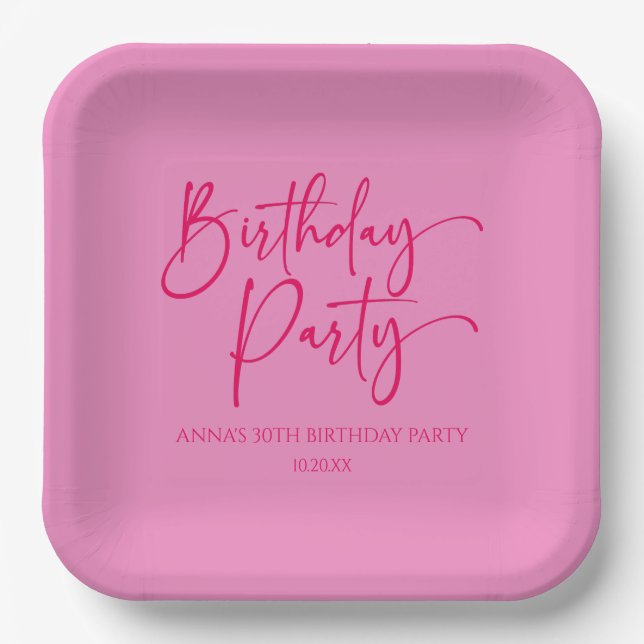 Hot Pink Modern Minimalist Birthday Party Paper Plate (Front)