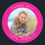 Hot Pink Modern Minimalist Thank You Photo Classic Round Sticker<br><div class="desc">Create your own personalised circle photo round thank you stickers. Customise the solid hot pink background colour or the white thin line text colour to match your photo. If you change the font type or size, you can fine tune the curvature of the text in small increments. Have fun creating...</div>