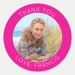 Hot Pink Modern Minimalist Thank You Photo Classic Round Sticker