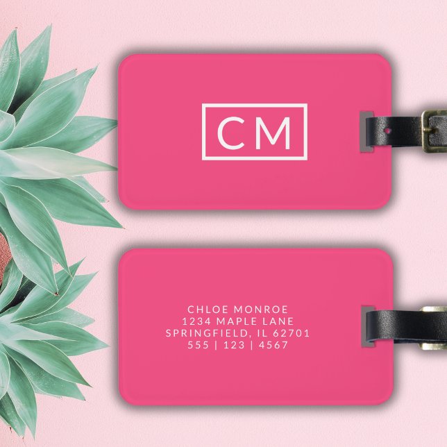 Hot Pink Modern Monogram Simple Initials Luggage Tag (Creator Uploaded)