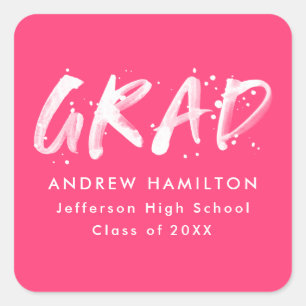 Hot Pink Modern Paint Splatter Graduation Square Sticker