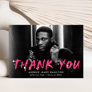 Hot Pink Modern Paint Splatter Photo Graduation Thank You Card