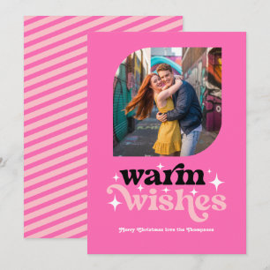 Hot-Pink Modern Retro Christmas Photo Holiday Card