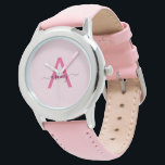 Hot Pink Modern Script Girls Monogram Name Watch<br><div class="desc">Introducing a timeless accessory designed for those with a discerning taste for elegance. This custom monogram watch, featuring the hot pink initial "A" in a modern script, effortlessly combines sophistication with a playful pop of colour. The soft blush leather strap offers comfort and luxury, while the sleek silver-tone case adds...</div>