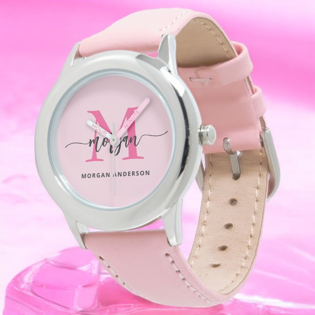 Hot Pink Modern Script Girls Monogram Name Watch (Creator Uploaded)