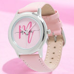 Hot Pink Modern Script Girls Monogram Name Watch<br><div class="desc">Accessorise with elegance using our Hot Pink Modern Script Girls Monogram Name Watch! This stylish timepiece features a vibrant hot pink face, personalised with your name in a chic modern script for a unique, custom look. Perfect for adding a pop of colour to any outfit, it combines fashion with functionality....</div>