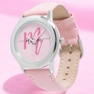 Hot Pink Modern Script Girls Monogram Name Watch